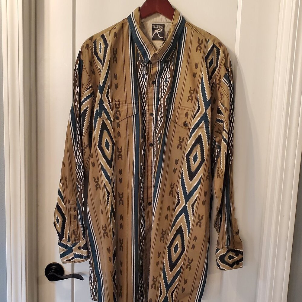 Vintage Roper Men's Aztec Print Long Sleeve Western Shirt Made in the USA 3XT